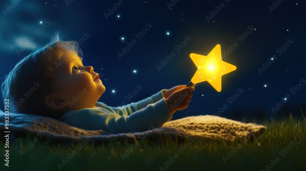 Wall mural A baby laying on a blanket with star shaped toy in hand, AI