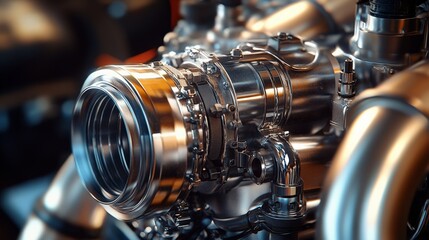Fototapeta premium Close-up of a shiny metal engine component showcasing detailed engineering and precision in a mechanical setting. Industrial machinery part.