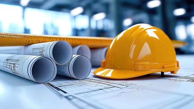 Hard hat and blueprints on a table, symbolizing construction and engineering.