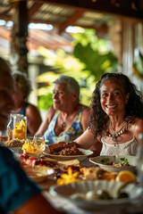 A group of people sitting around a table with plates of food