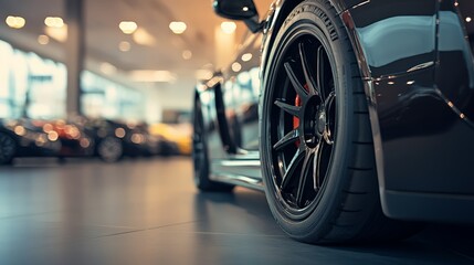 Naklejka premium Close-up of a sleek black sports car's front wheel in a showroom, highlighting the tire and rim. Premium automotive detail focus.
