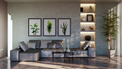Fototapeta premium Large luxury modern bright interiors Living room mockup illustration 3D rendering image