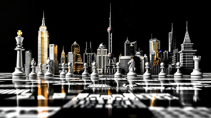 A chess board with a city skyline in the background