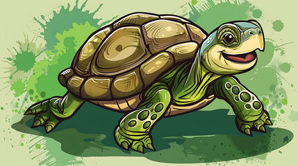 Obraz premium A cartoon turtle with a big smile and a green shell is walking.