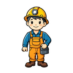 Little mine worker in uniform, cartoon character isolated on white