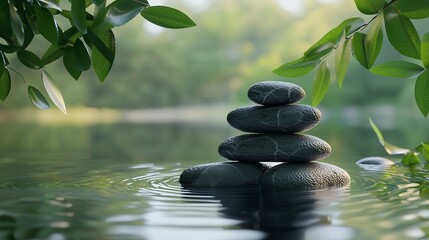 Naklejka premium Zen stones pyramid on water surface green leaves over it.