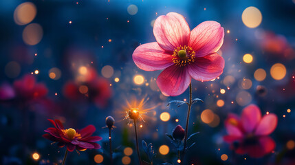 Pink simple flower on blue starry sky background, night flower