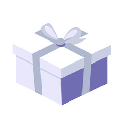 Gift box icon in 3D isometric design, blue and white colors, celebration and holiday present symbol