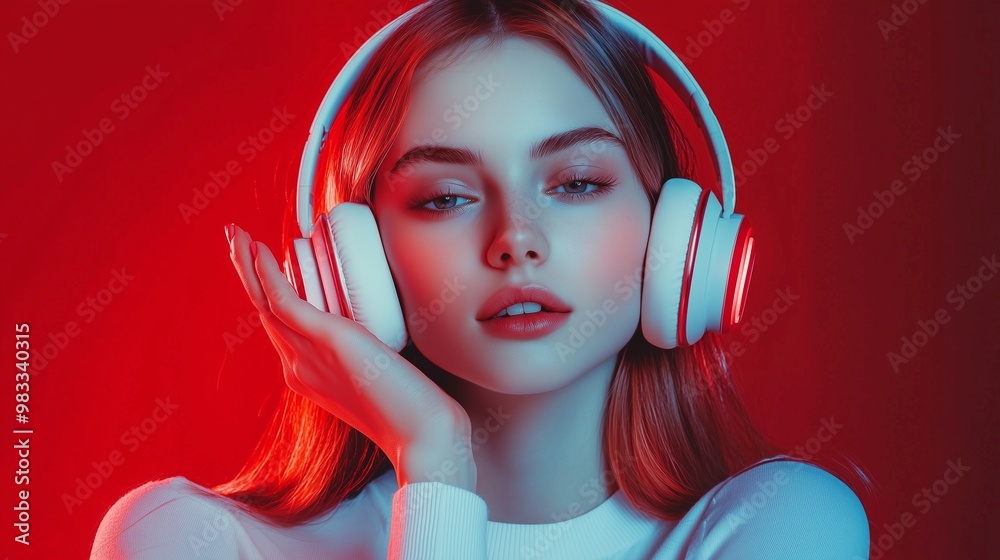 Wall mural Fashion pretty woman with headphones listening to music over red neon background at studio.