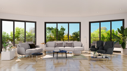Large luxury modern bright interiors Living room mockup illustration 3D rendering image
