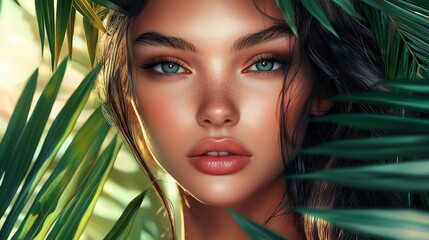 Fototapeta premium Portrait of young and beautiful woman with perfect smooth skin in tropical leaves.