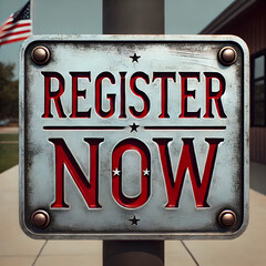A weathered metal sign with bold, engraved letters that read 'Register Now'. The sign is rectangular, with a slightly rustic and industrial design. – election – vote – slogan – USA – US – president - 