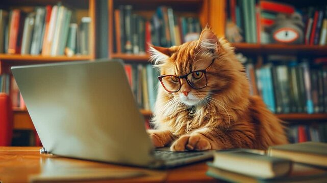 Adorable Cat Wearing Humorous Glasses Working on Laptop, Surrounded by Books. Fluffy Orange Cat with Oversized Glasses Typing Away in a Whimsical Home Office Setting - Video made using Generative AI.