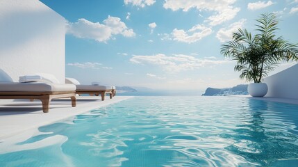 Luxury swimming pool in santorini. 3d rendering.
