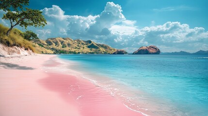 Obraz premium Tropical pink beach with blue ocean. komodo islands.