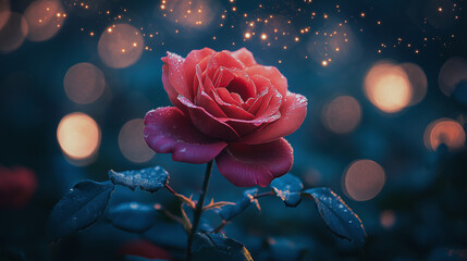 Pink rose flower on a blue starry sky background, night flower