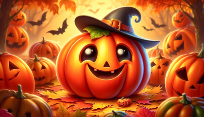 Funny pumpkin cartoon with smiling face. Halloween time