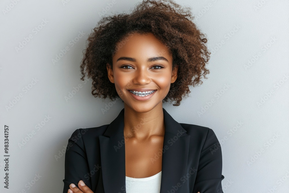 Wall mural Portrait of a smiling woman wearing braces and a black blazer.