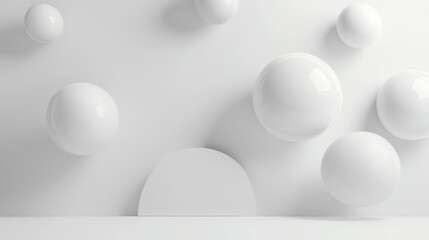 Abstract white spheres and curved shapes float in a clean minimalist background.