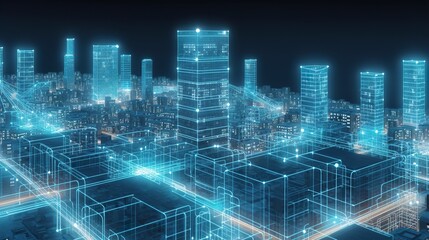 A breathtaking aerial view showcasing a futuristic city illuminated at night
