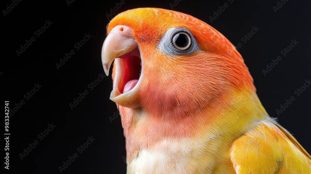 Poster A close up of a colorful bird with its mouth open, AI