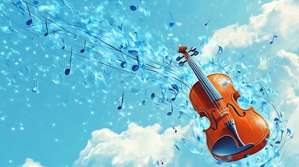 Fototapeta premium Abstract Violin with Music Notes and Water Splashes Against Blue Sky