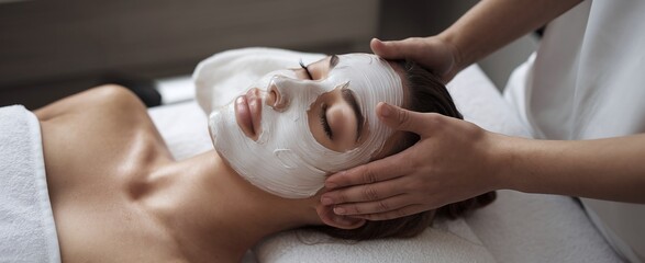 Woman receiving a facial massage with a white mask on her face at a spa. Generative-AI