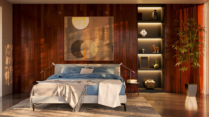 Modern bright bed room interiors 3D rendering illustration computer generated image