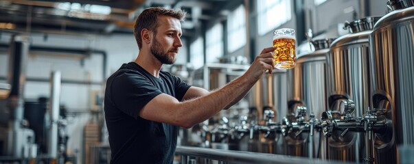 Brewery worker in a black t-shirt inspecting a pint of beer in a modern brewing facility with stainless steel tanks