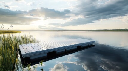 A floating dock on a tranquil lake, made from aluminum siding, designed to reflect the water and sky, creating a harmonious blend with the natural environment