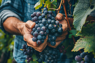 A man is holding a bunch of grapes in his hands.,