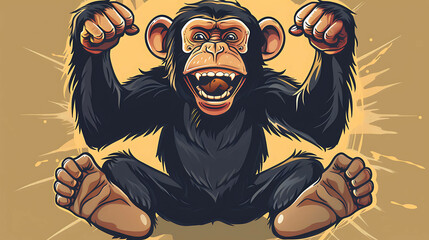 Obraz premium A cartoon chimpanzee with a big smile and clenched fists.