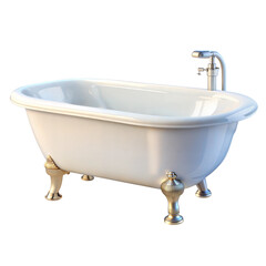 A classic white freestanding bathtub with ornate silver feet and a modern faucet, set against a black background.