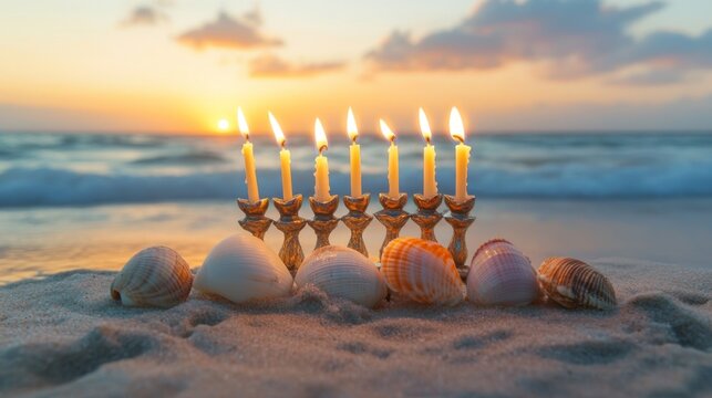 Menorah with Burning Candles on a Sandy Beach at Sunset