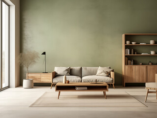 Japandi simple minimalist living room interior with neutral decor against celadon green wall
