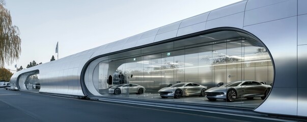 Obraz premium A futuristic automotive showroom featuring curved aluminum siding, creating a sleek and dynamic environment that reflects the advanced technology and design of the vehicles displayed