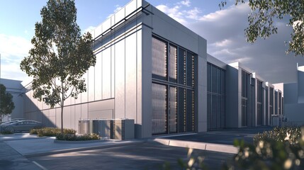 A futuristic data center, armored with high-tech, fire-resistant fiber cement siding, designed to optimize thermal management and security