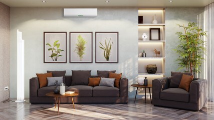 large luxury modern bright interiors living room with air conditioning mockup illustration 3D rendering