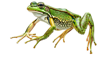 Obraz premium A green frog with yellow markings is posed in a jumping position.