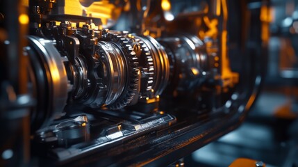 Fototapeta premium Close-up of intricate machinery gears inside an industrial engine, illuminated with warm and cool light, showcasing mechanical precision.