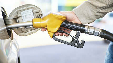 man hand holding a gas pump nozzle and filling up a car at the station is using a fuel benzin