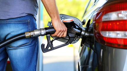 man hand holding a gas pump nozzle and filling up a car at the station is using a fuel benzin