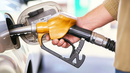 man hand holding a gas pump nozzle and filling up a car at the station is using a fuel benzin