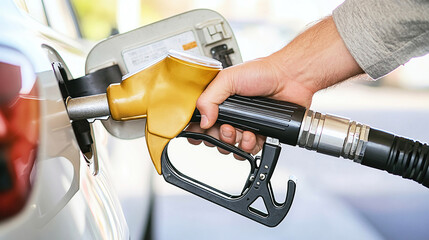 man hand holding a gas pump nozzle and filling up a car at the station is using a fuel benzin