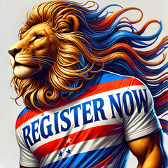 A dynamic and detailed image of a lion wearing a T-shirt with the text 'REGISTER NOW' printed on it. The lion is standing confidently. – election – vote – slogan – USA – US – president - America
