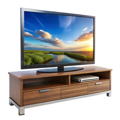 Fototapeta premium A sleek television on a wooden stand displays a vibrant sunset landscape, perfect for enhancing living room aesthetics.