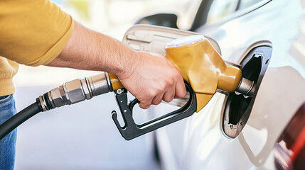 man hand holding a gas pump nozzle and filling up a car at the station is using a fuel benzin