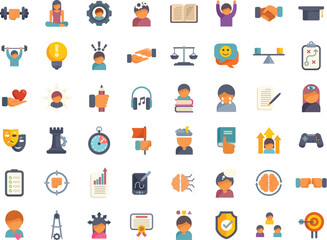 This icon set illustrates different aspects of personal development, featuring icons related to education, sports, arts, and more