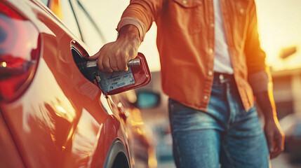 man hand holding a gas pump nozzle and filling up a car at the station is using a fuel benzin