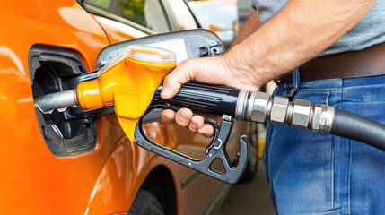 man hand holding a gas pump nozzle and filling up a car at the station is using a fuel benzin
